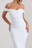 Gratitude White Off The Shoulder Ruched Midi Dress