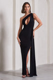 Lavish Black One Shoulder Drape Maxi Dress
