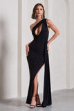 Lavish Black One Shoulder Drape Maxi Dress