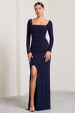 My Pleasure Navy Square Neck Ruched Maxi Dress