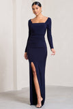 My Pleasure Navy Square Neck Ruched Maxi Dress