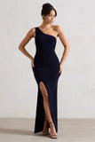 Ethereal Navy One Shoulder Ruched Split Maxi Dress