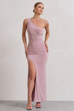 Ethereal Dusky Lilac One Shoulder Ruched Split Maxi Dress