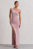 Ethereal Dusky Lilac One Shoulder Ruched Split Maxi Dress