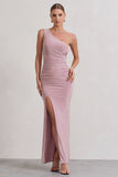 Ethereal Dusky Lilac One Shoulder Ruched Split Maxi Dress