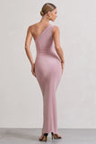 Ethereal Dusky Lilac One Shoulder Ruched Split Maxi Dress