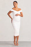 Perfection White Maternity Bardot Knot Ruched Midi Dress