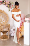Worth The Wait Ivory Maternity Ruched Bardot Split Hem Maxi Dress