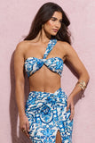 Open Heart Blue Porcelain Print Knot One Shoulder Bralette