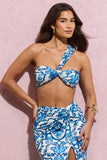 Open Heart Blue Porcelain Print Knot One Shoulder Bralette