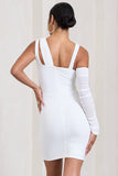 She's Electric White One Shoulder Ruched Mesh Mini Dress