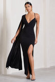 The Crown Black Plunge Front One Shoulder Maxi Dress