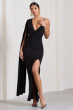 The Crown Black Plunge Front One Shoulder Maxi Dress