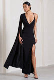 The Crown Black Plunge Front One Shoulder Maxi Dress
