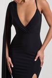 The Crown Black Plunge Front One Shoulder Maxi Dress