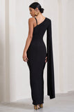 The Crown Black Plunge Front One Shoulder Maxi Dress