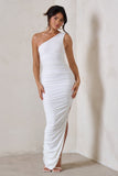Persia White One Shoulder Side Split Ruched Maxi Dress