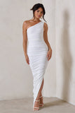 Persia White One Shoulder Side Split Ruched Maxi Dress