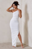 Persia White One Shoulder Side Split Ruched Maxi Dress