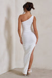 Persia White One Shoulder Side Split Ruched Maxi Dress