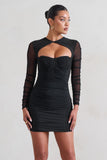 Daiquiri Black Ruched Cut Out Mesh Mini Dress With Long Sleeves