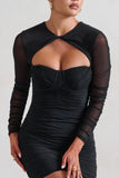 Daiquiri Black Ruched Cut Out Mesh Mini Dress With Long Sleeves