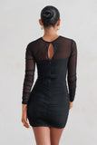 Daiquiri Black Ruched Cut Out Mesh Mini Dress With Long Sleeves