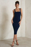Lisbon Navy Square Neck Ruched Midi Dress