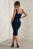 Lisbon Navy Square Neck Ruched Midi Dress