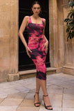 Lisbon Pink Printed Square Neck Ruched Midi Dress