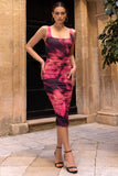 Lisbon Pink Printed Square Neck Ruched Midi Dress