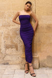 My Lady Purple Strapless Bodycon Ruched Mesh Maxi Dress