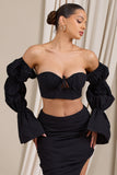 Roman Black Bardot Puff-Sleeved Crop Top