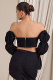 Roman Black Bardot Puff-Sleeved Crop Top