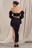 Holiday Black Ruched Asymmetric Maxi Skirt