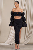 Holiday Black Ruched Asymmetric Maxi Skirt