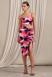 Living Life Hot Pink Print Ruched Drawstring Detail Midi Skirt