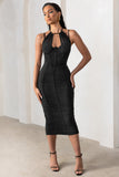 Liveliness Black Halter Neck Midi Dress With Mesh Overlay