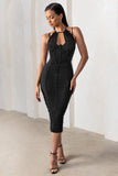 Liveliness Black Halter Neck Midi Dress With Mesh Overlay