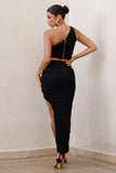 Moon Star Black Side Split Ruched Maxi Skirt
