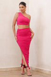 Moon Star Hot Pink Side Split Ruched Maxi Skirt