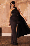Mademoiselle Black Satin Asymmetric Scarf Neck Backless Maxi Dress