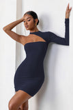Perfect Touch Navy One Shoulder Long Sleeve Mini Dress