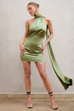Nasira Olive Asymmetric Neck Open Back Mini Dress With Scarf Detail