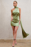 Nasira Olive Asymmetric Neck Open Back Mini Dress With Scarf Detail