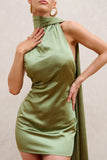 Nasira Olive Asymmetric Neck Open Back Mini Dress With Scarf Detail