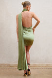 Nasira Olive Asymmetric Neck Open Back Mini Dress With Scarf Detail