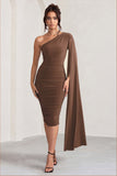 Yara Chocolate Brown One Shoulder Cape Ruched Midi Dress