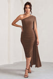 Yara Chocolate Brown One Shoulder Cape Ruched Midi Dress