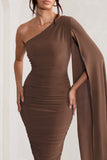 Yara Chocolate Brown One Shoulder Cape Ruched Midi Dress